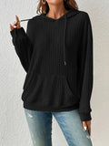 Ribbed Knit Drawstring Hoodie With Kangaroo Pocket - Black