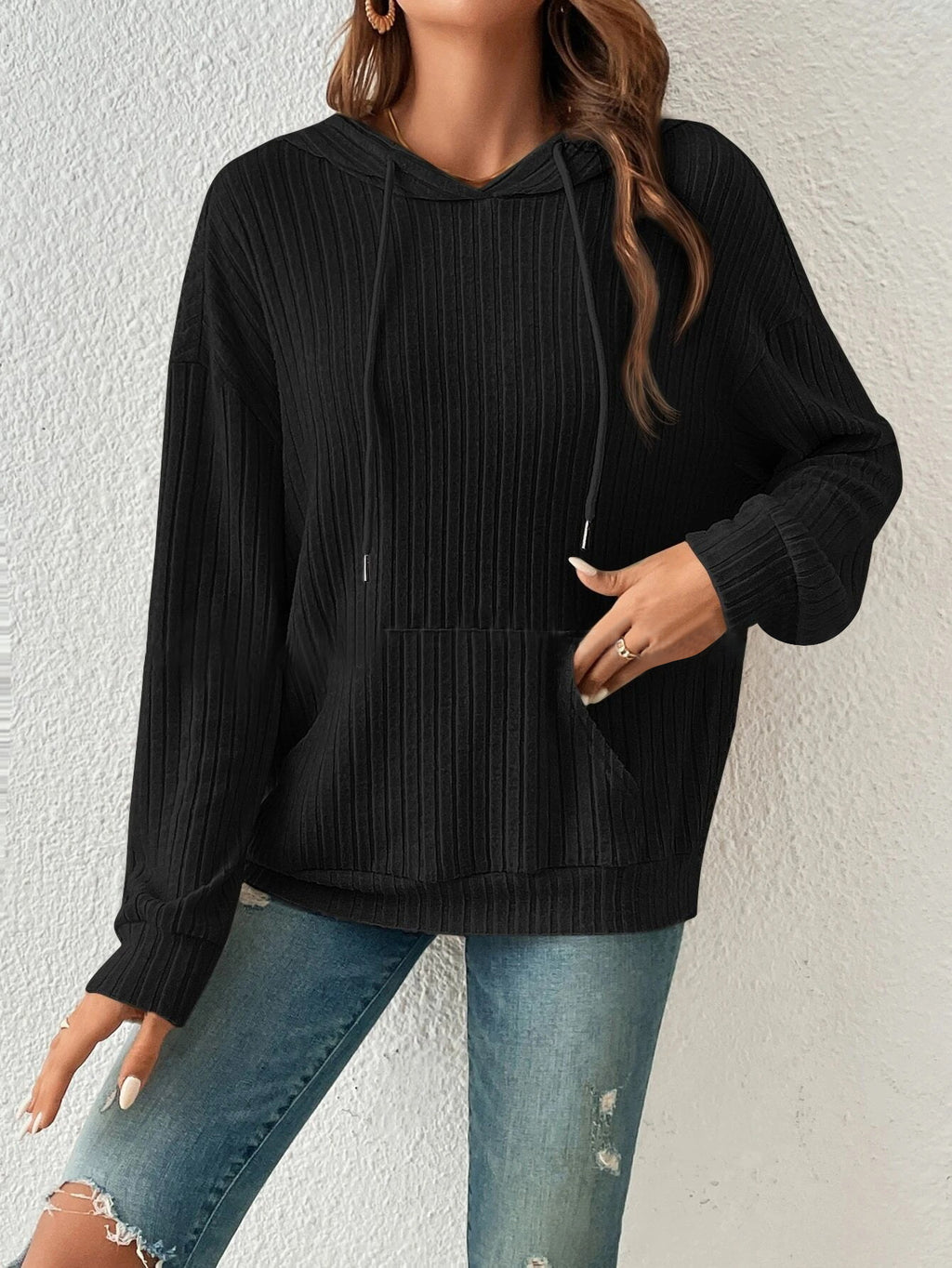 Ribbed Knit Drawstring Hoodie With Kangaroo Pocket - Black - 2