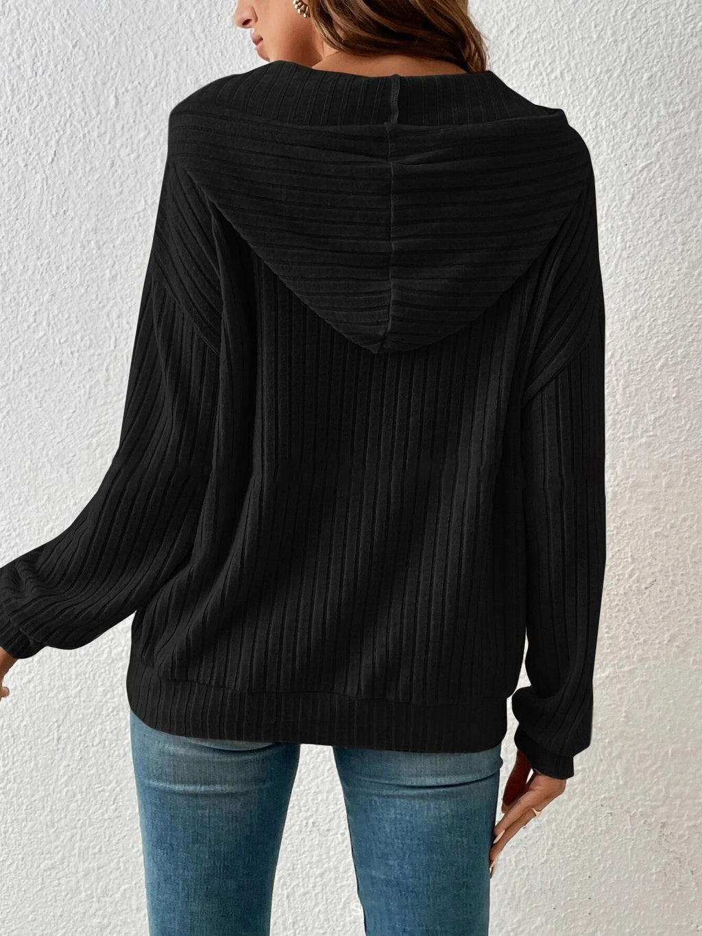 Ribbed Knit Drawstring Hoodie With Kangaroo Pocket - Black - 3