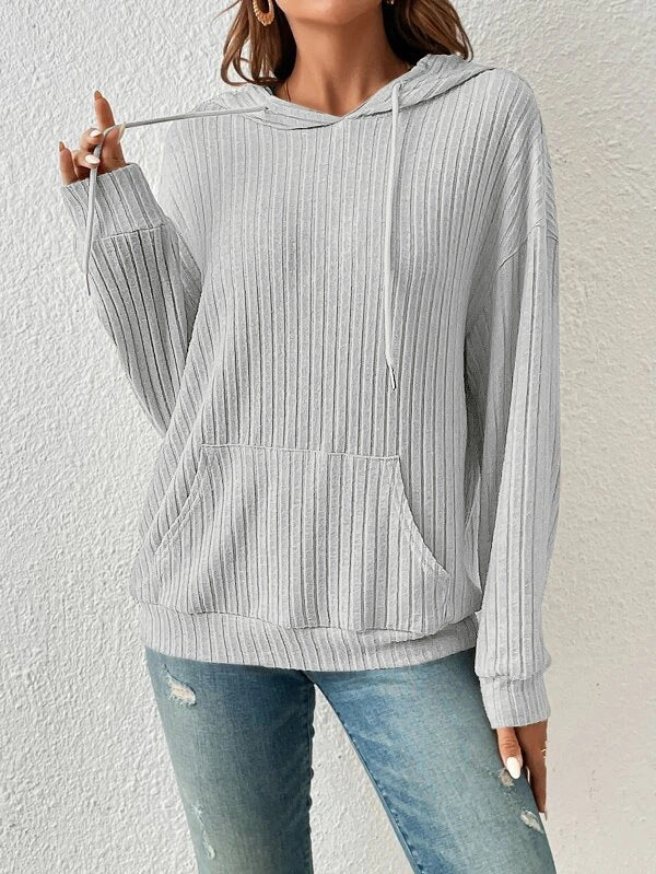 Ribbed Knit Drawstring Hoodie With Kangaroo Pocket - Grey - 1