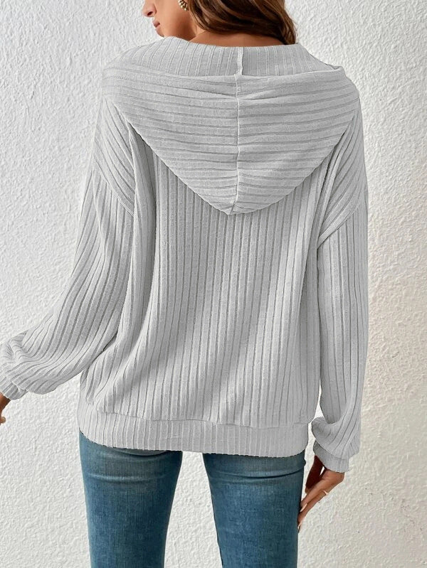 Ribbed Knit Drawstring Hoodie With Kangaroo Pocket - Grey - 2