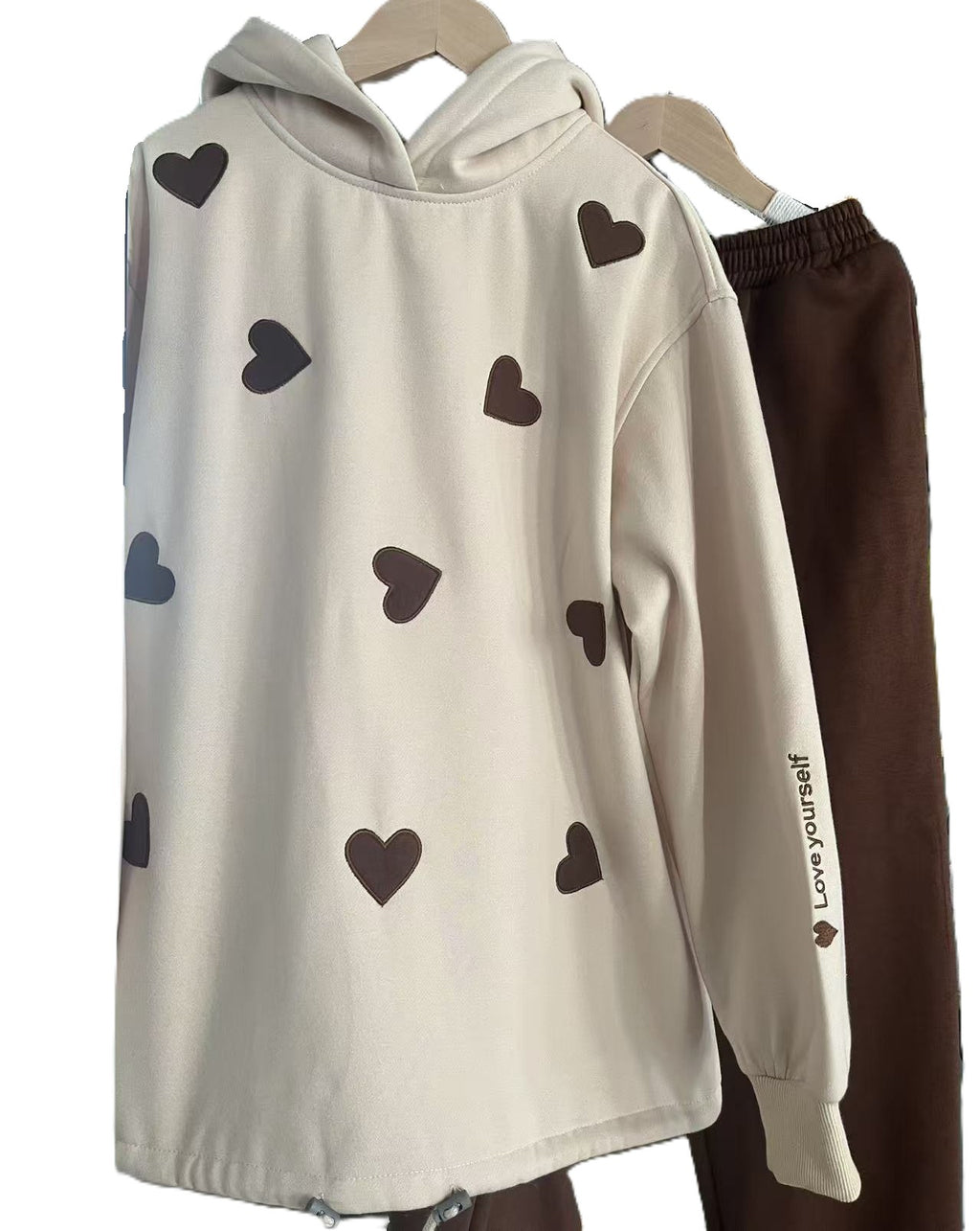 Heart Print Hoodie And Jogger Set - Coffee