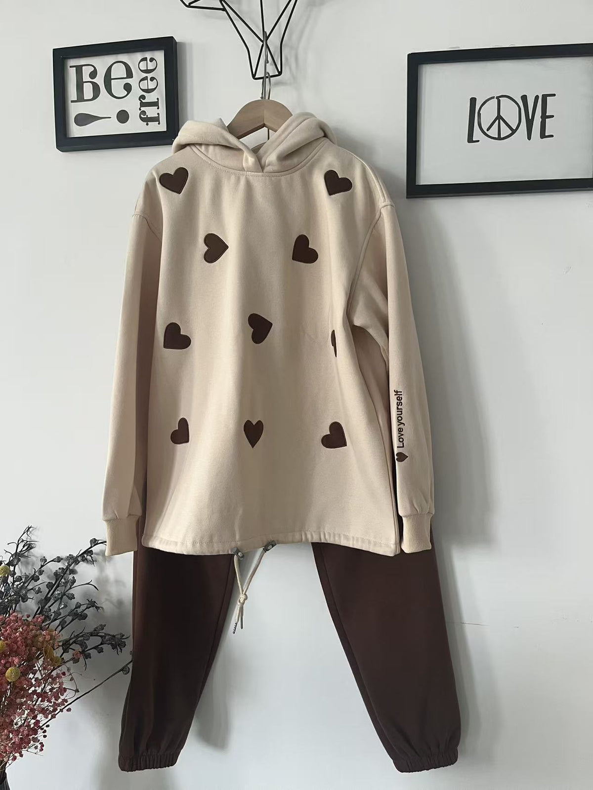 Heart Print Hoodie And Jogger Set - Coffee - 1
