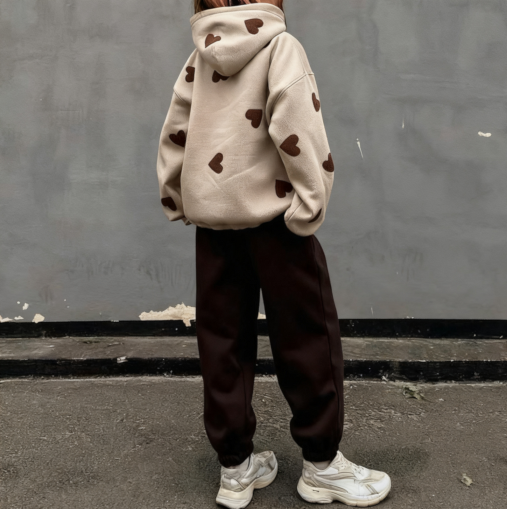 Heart Print Hoodie And Jogger Set - Coffee - 2