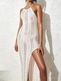 Halter Neck Split Hem Crochet Maxi Cover Up - White