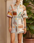 Abstract Print Belted Mini Shirt Dress - Decor