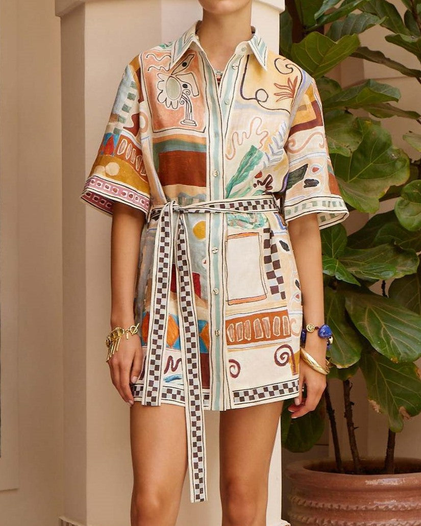 Abstract Print Belted Mini Shirt Dress - Decor