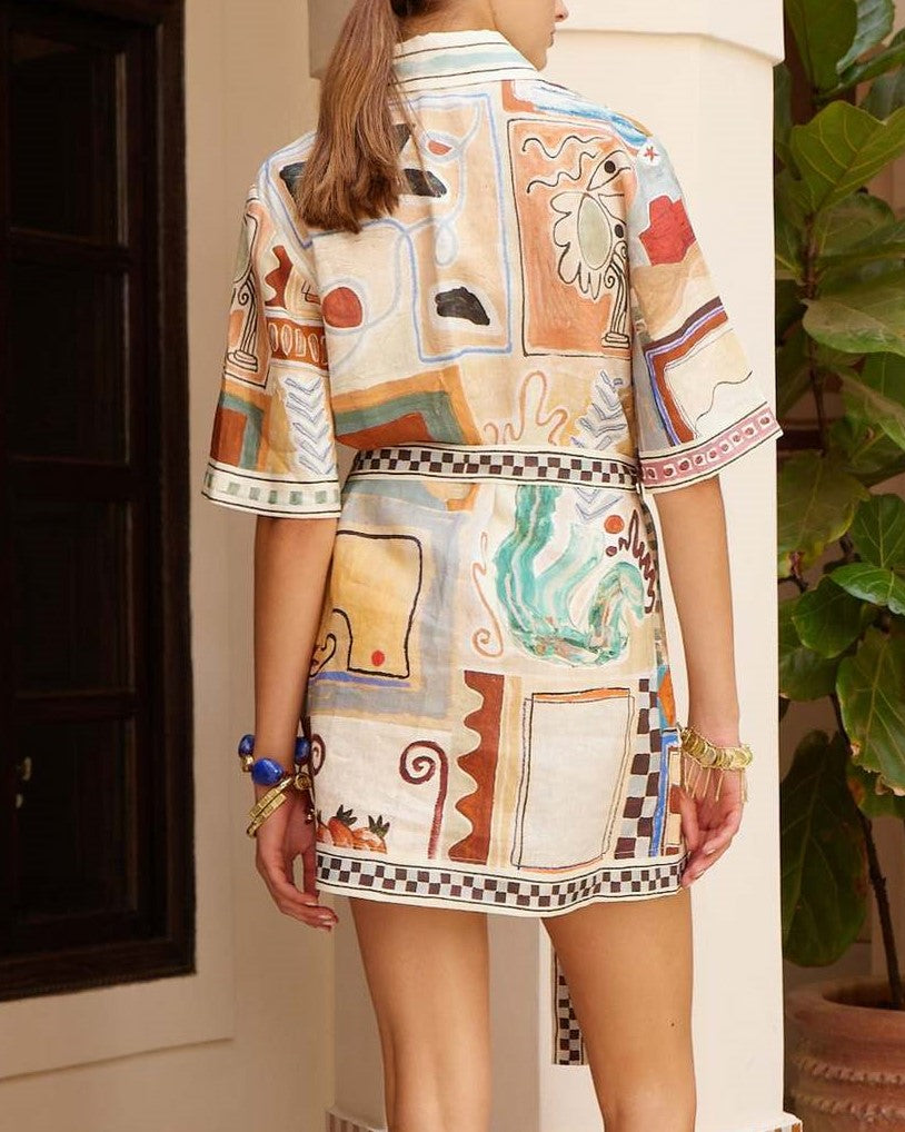 Abstract Print Belted Mini Shirt Dress - Decor - 1