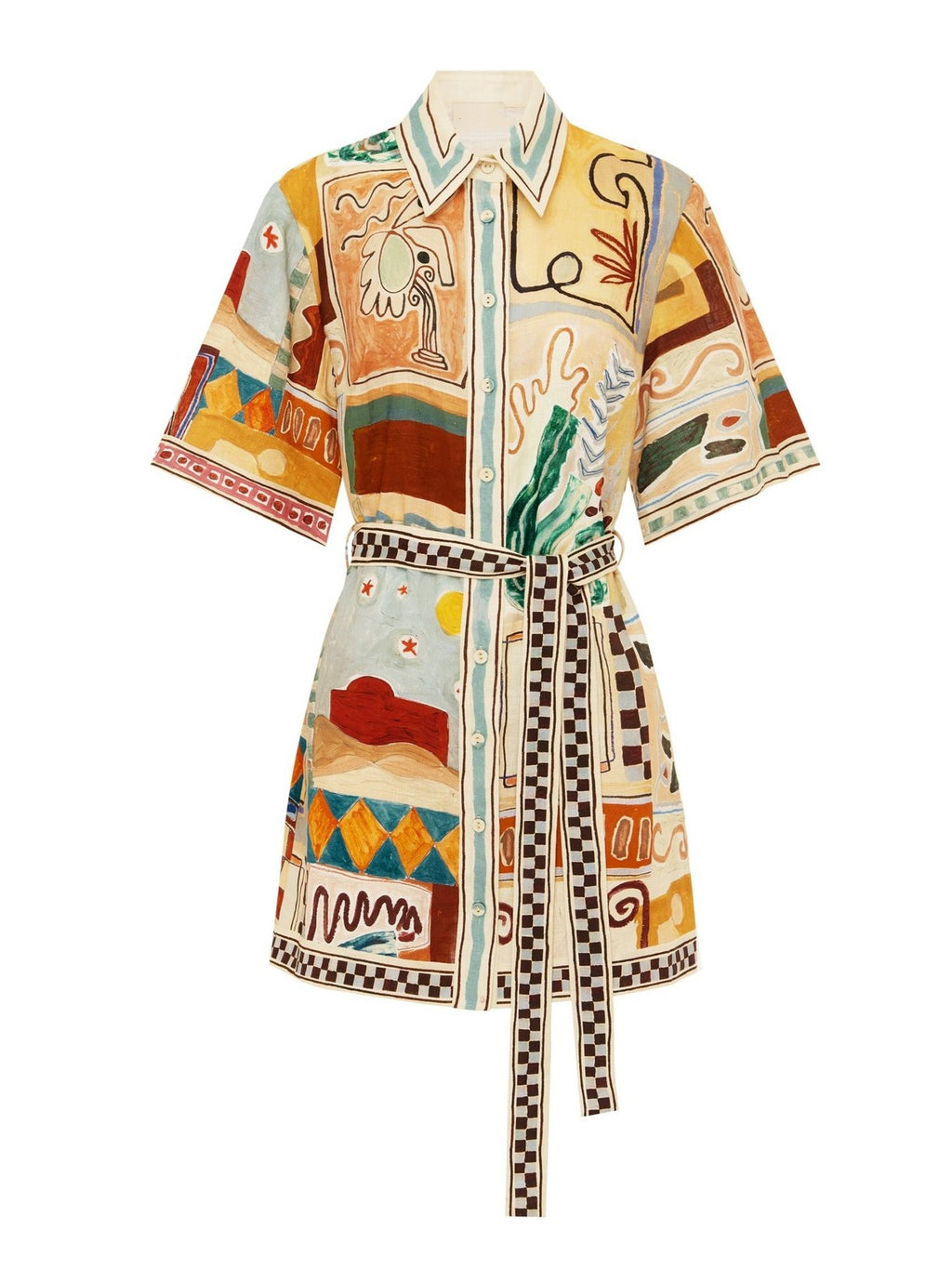 Abstract Print Belted Mini Shirt Dress - Decor - 2