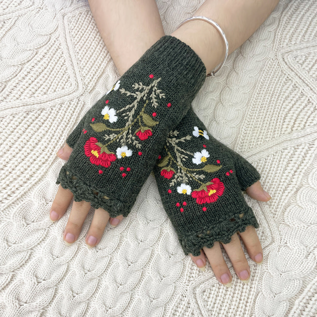 Floral Embroidered Lace Trim Fingerless Gloves - DarkGrey