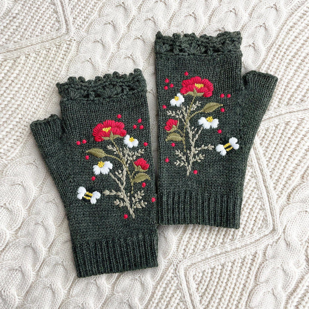 Floral Embroidered Lace Trim Fingerless Gloves - DarkGrey - 1
