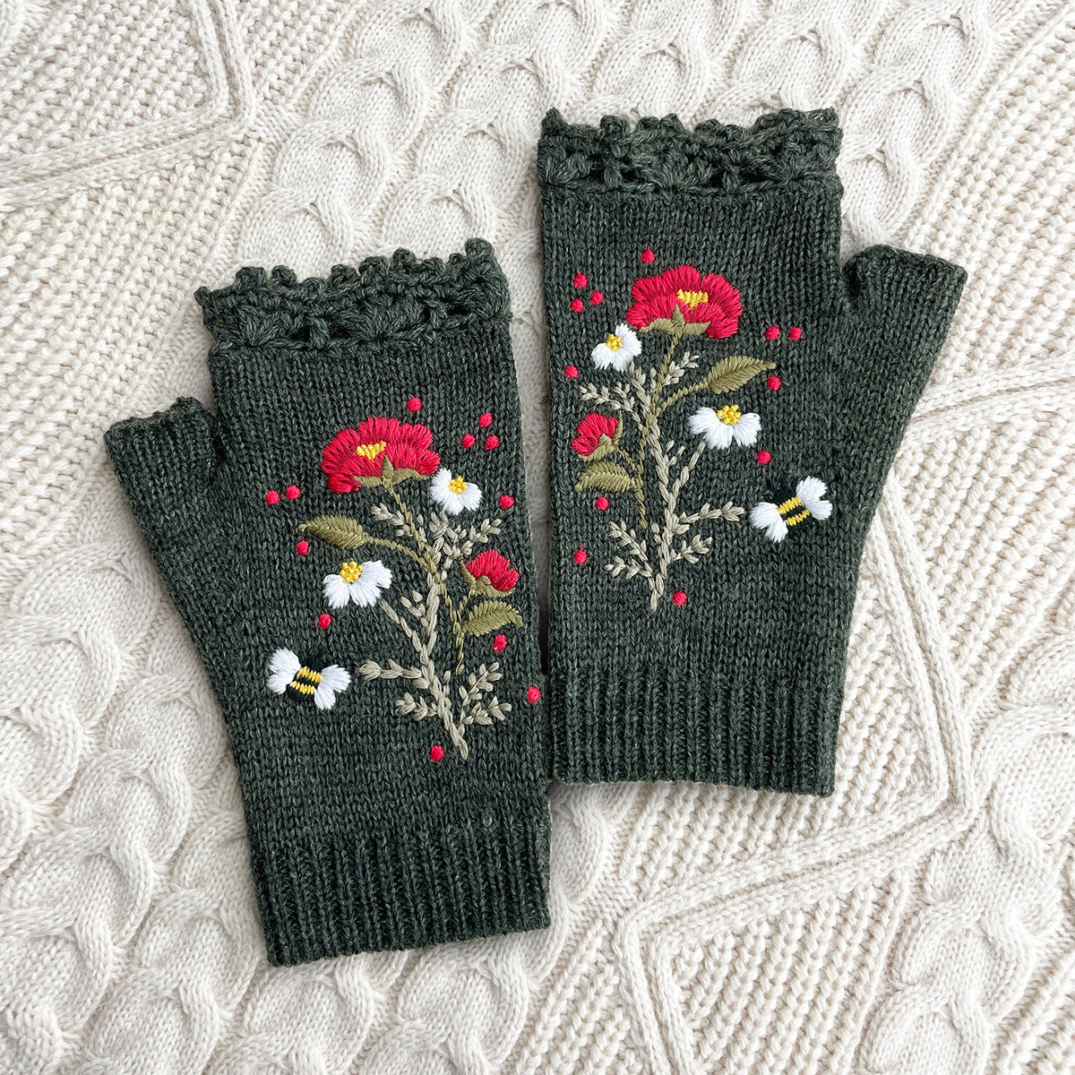 Floral Embroidered Lace Trim Fingerless Gloves - DarkGrey - 1