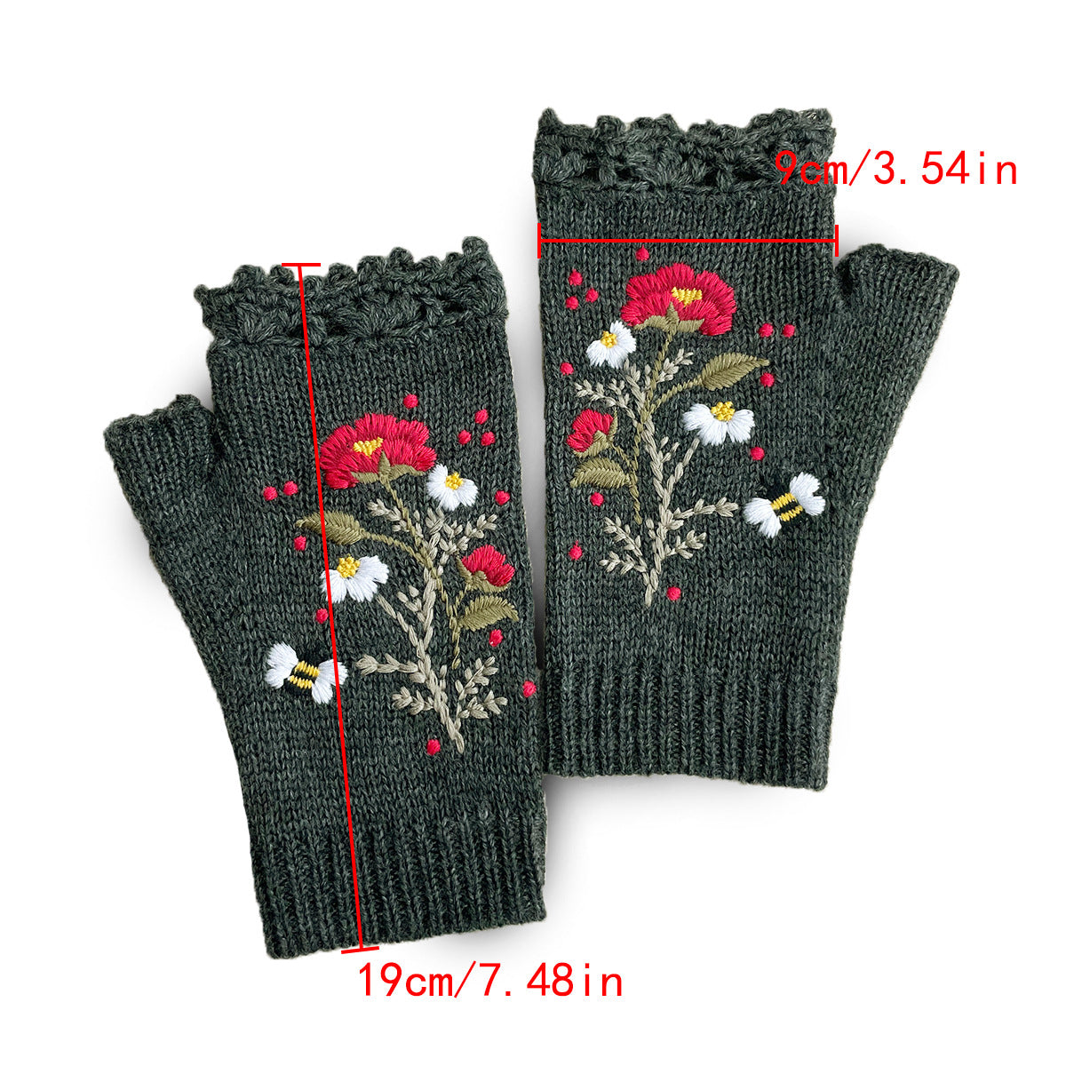 Floral Embroidered Lace Trim Fingerless Gloves - DarkGrey - 2