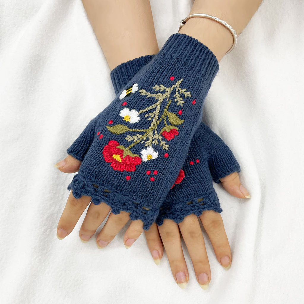 Floral Embroidered Lace Trim Fingerless Gloves - Navy