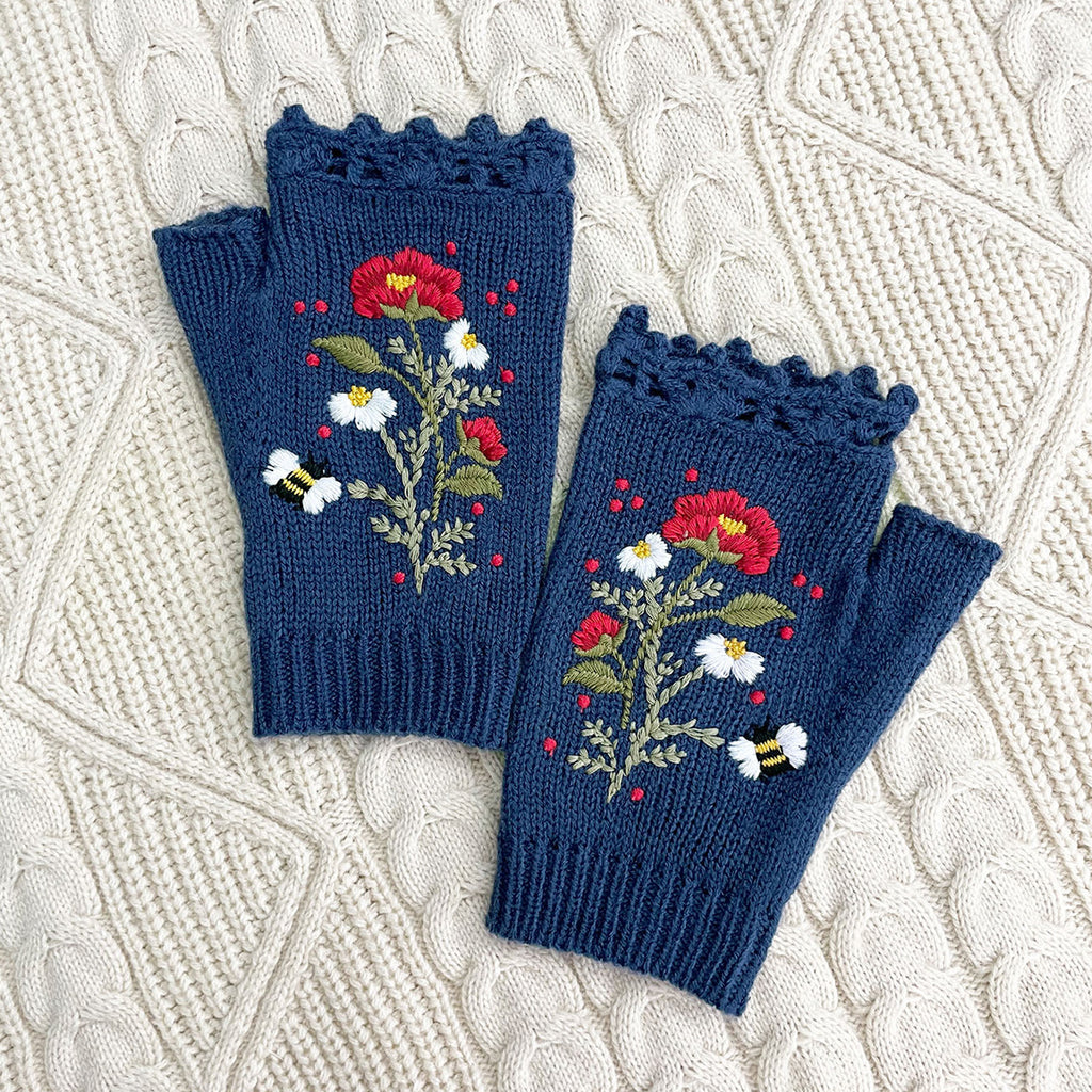 Floral Embroidered Lace Trim Fingerless Gloves - Navy - 1