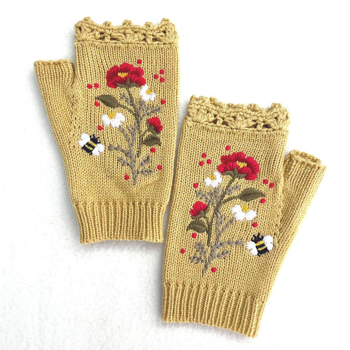 Floral Embroidered Lace Trim Fingerless Gloves - Yellow