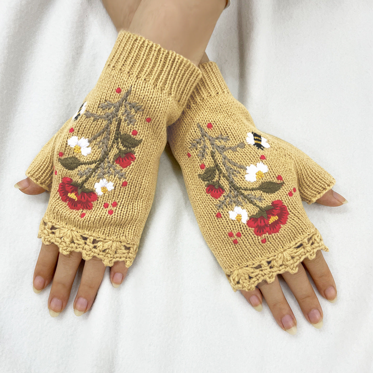 Floral Embroidered Lace Trim Fingerless Gloves - Yellow - 1