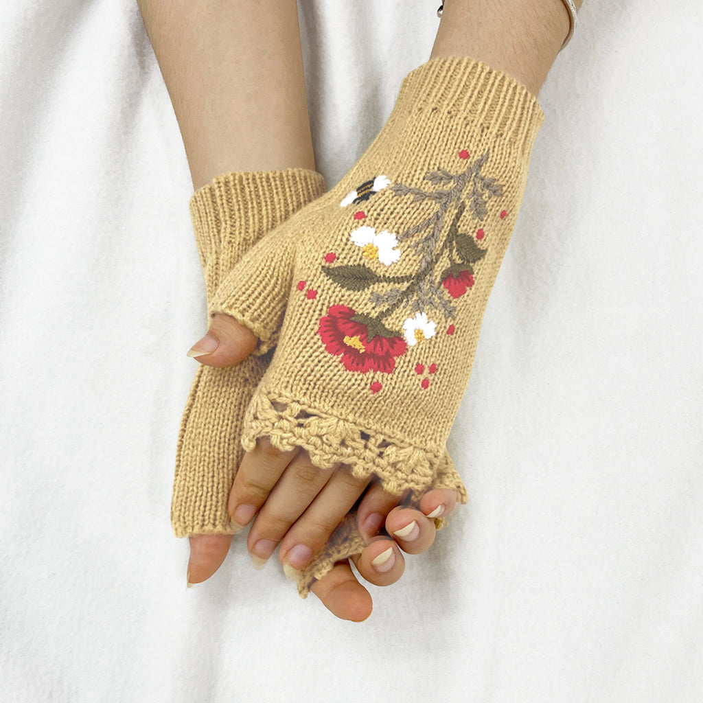 Floral Embroidered Lace Trim Fingerless Gloves - Yellow - 2