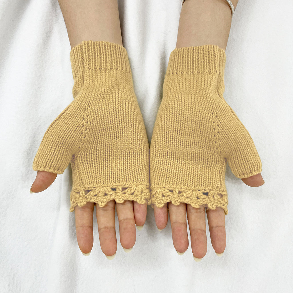 Floral Embroidered Lace Trim Fingerless Gloves - Yellow - 3