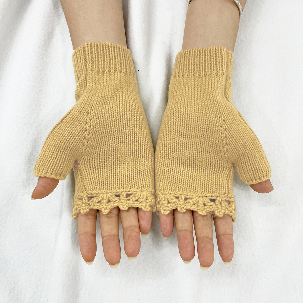 Floral Embroidered Lace Trim Fingerless Gloves - Yellow - 3
