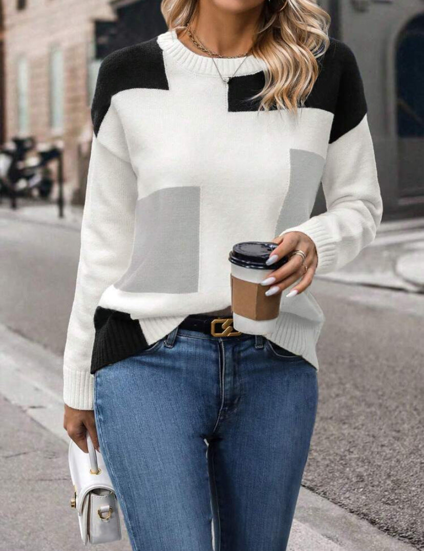 Geometric Color Block Crewneck Knit Sweater - Gray
