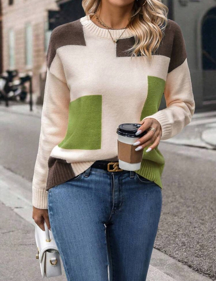 Geometric Color Block Crewneck Knit Sweater - Green