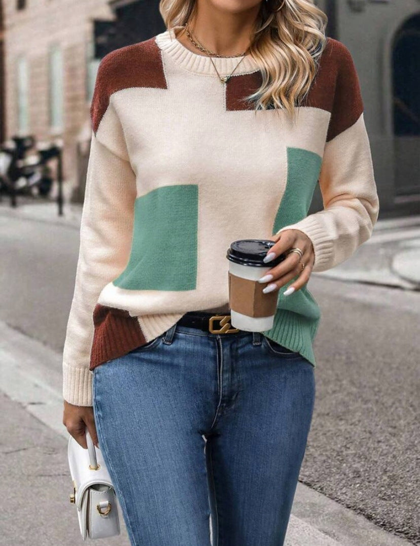 Geometric Color Block Crewneck Knit Sweater - PeacockBlue
