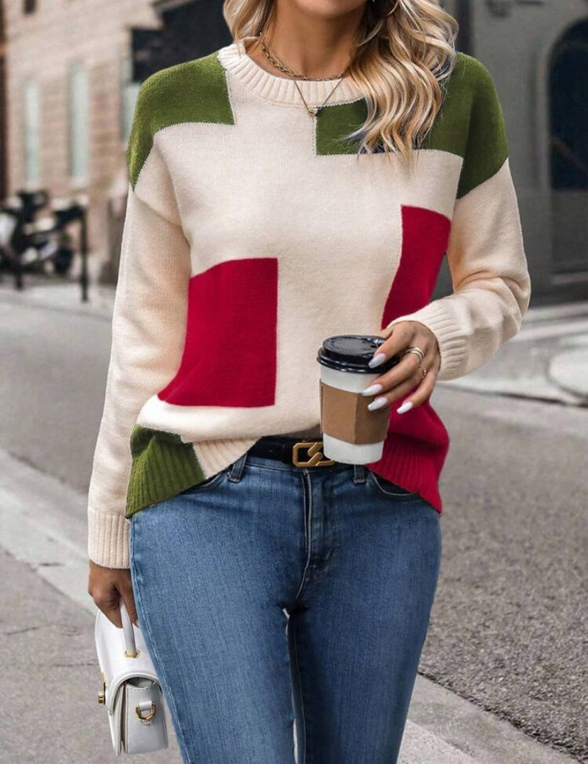 Geometric Color Block Crewneck Knit Sweater - Red