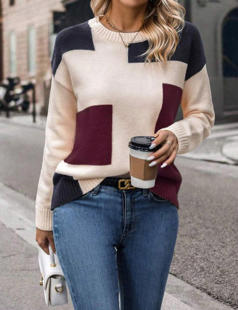Geometric Color Block Crewneck Knit Sweater - WineRed