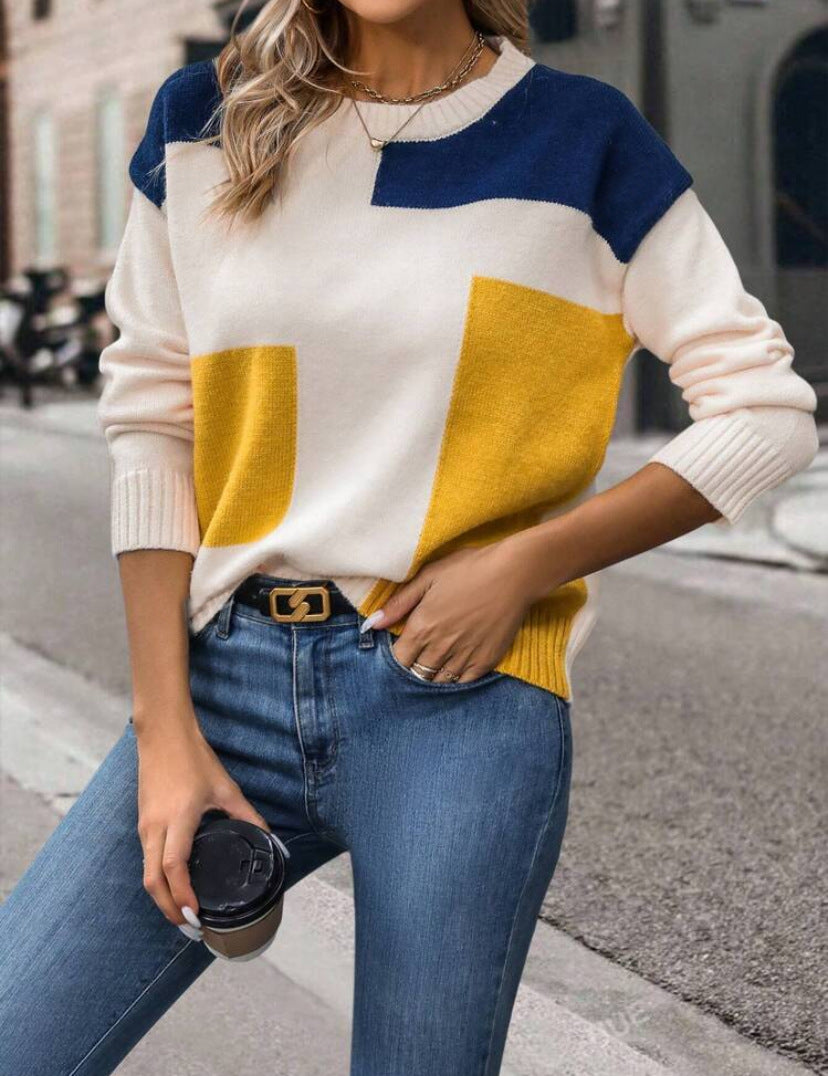 Geometric Color Block Crewneck Knit Sweater - Yellow