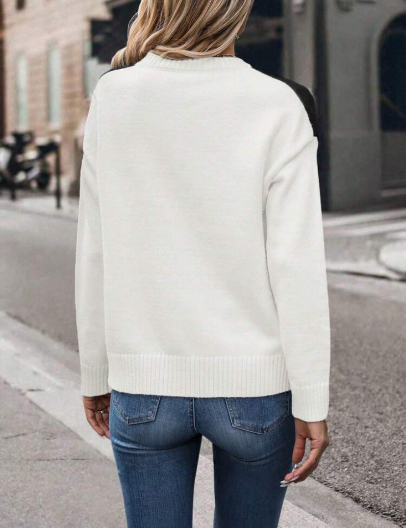 Geometric Color Block Crewneck Knit Sweater