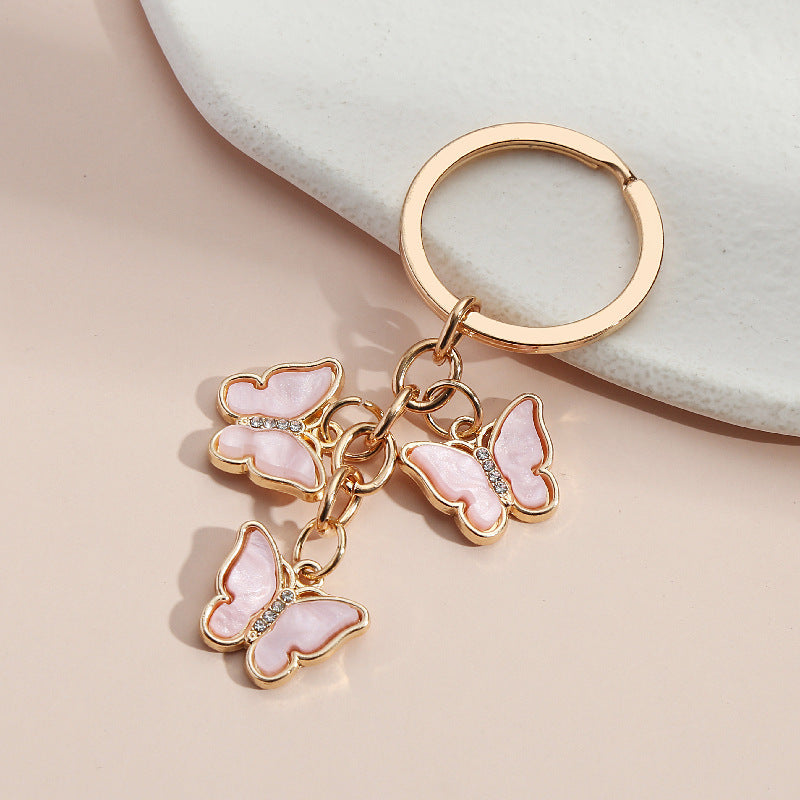 Rhinestone Butterfly Charm Bag Keychain - Pink