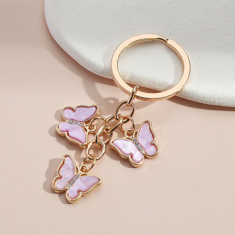 Rhinestone Butterfly Charm Bag Keychain - Purple