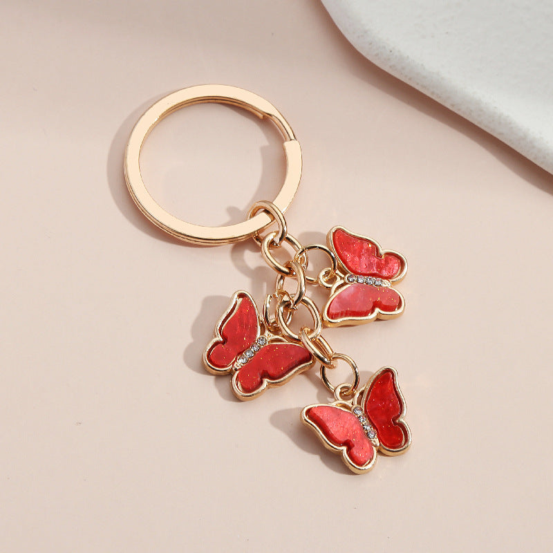 Rhinestone Butterfly Charm Bag Keychain - Red