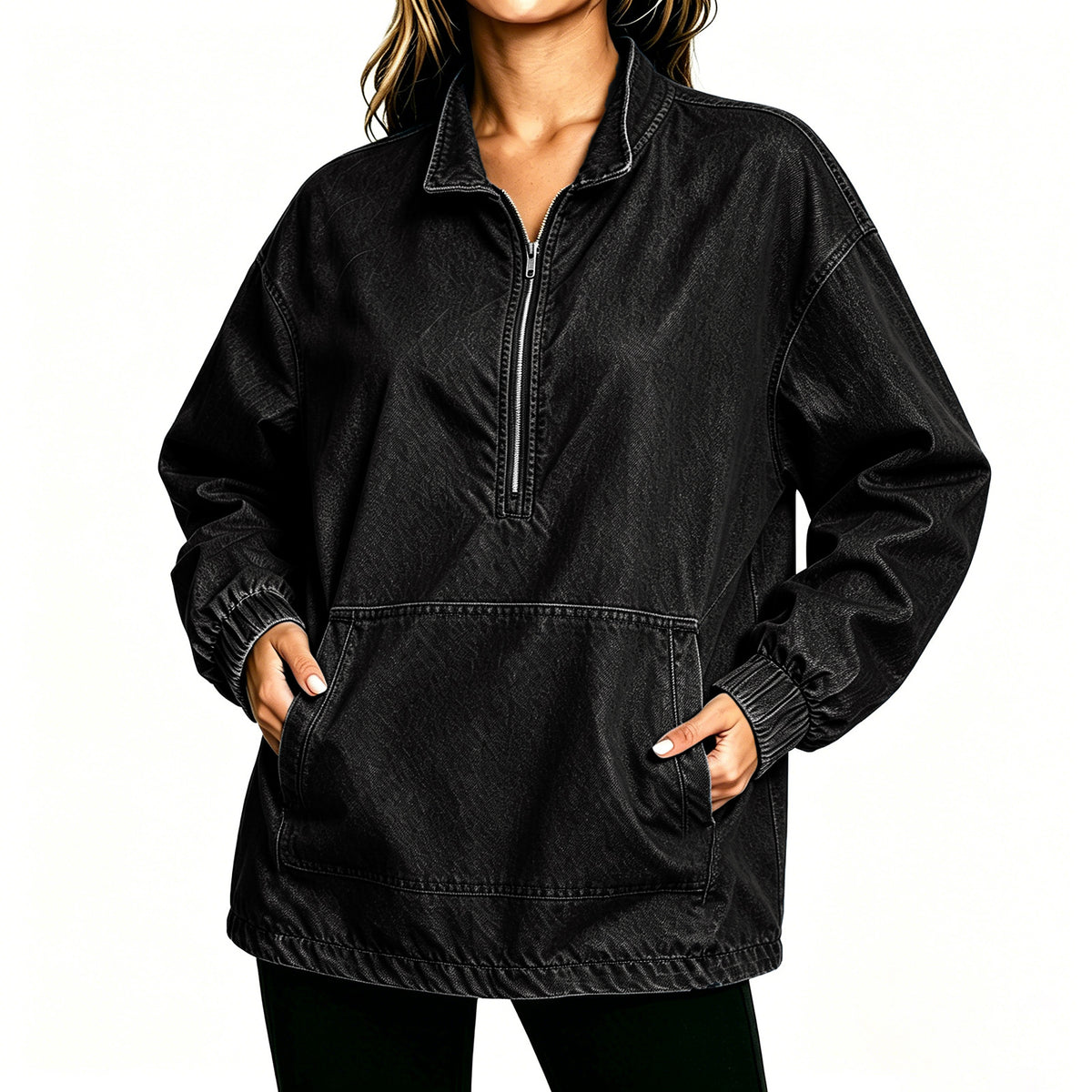 Oversized Denim Quarter Zip Sweatshirt - Black