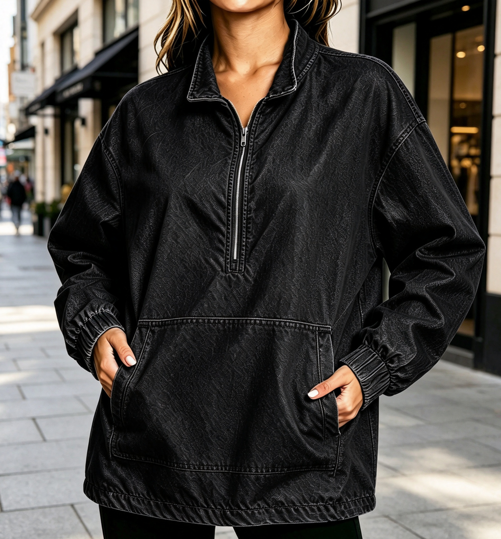 Oversized Denim Quarter Zip Sweatshirt - Black - 1