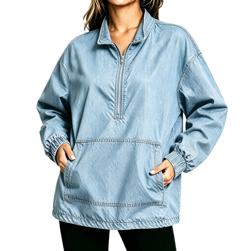Oversized Denim Quarter Zip Sweatshirt - Blue
