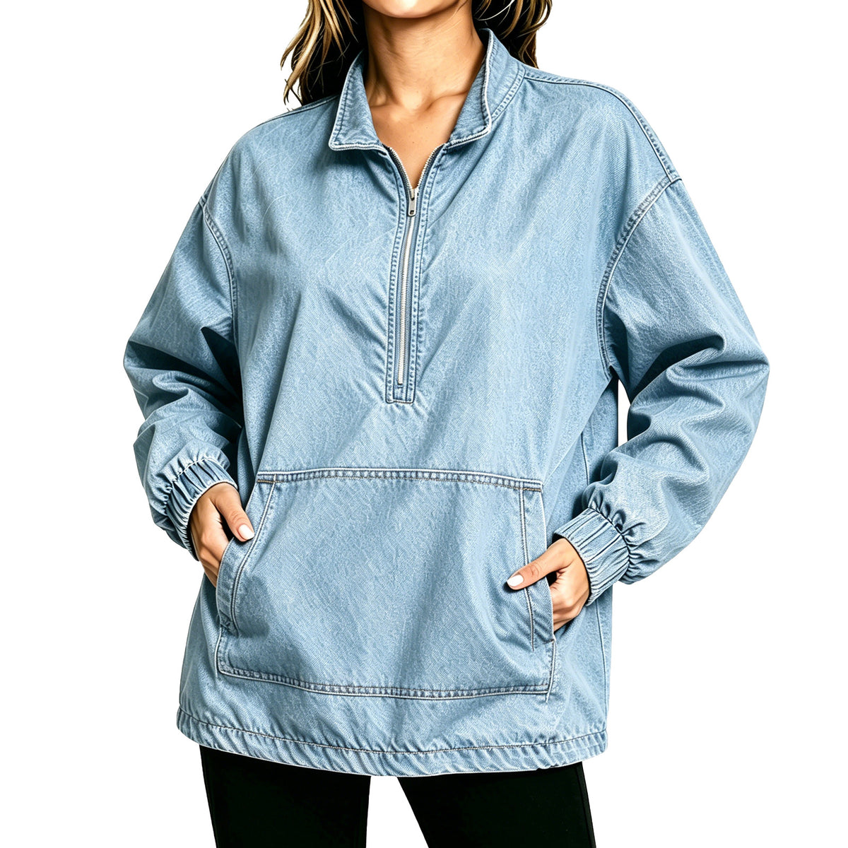 Oversized Denim Quarter Zip Sweatshirt - Blue