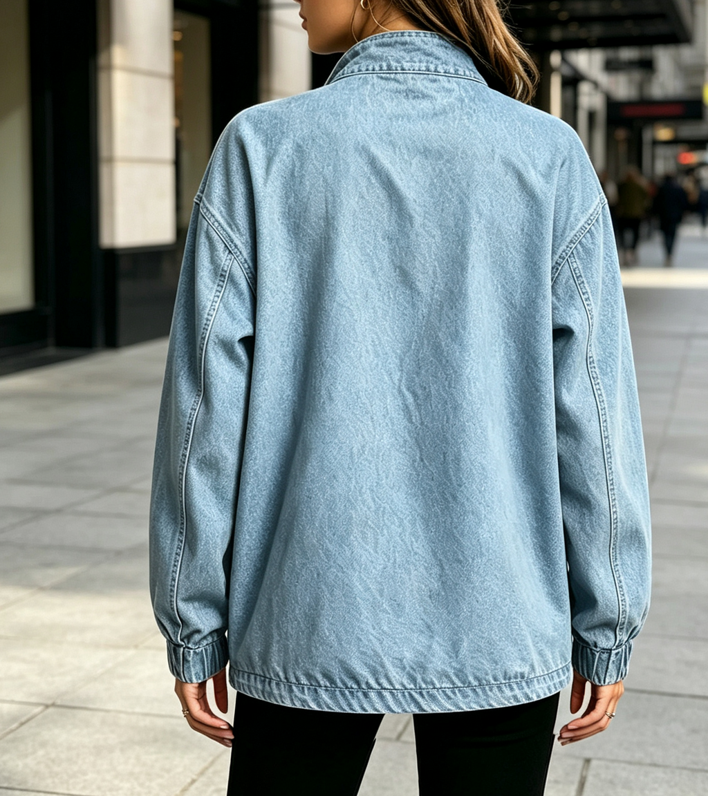 Oversized Denim Quarter Zip Sweatshirt - Blue - 1