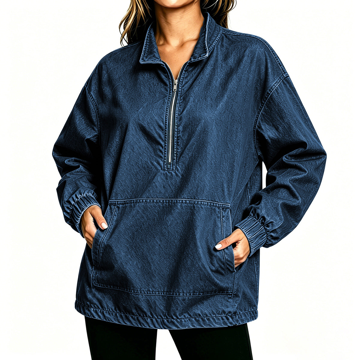 Oversized Denim Quarter Zip Sweatshirt - DarkBlue