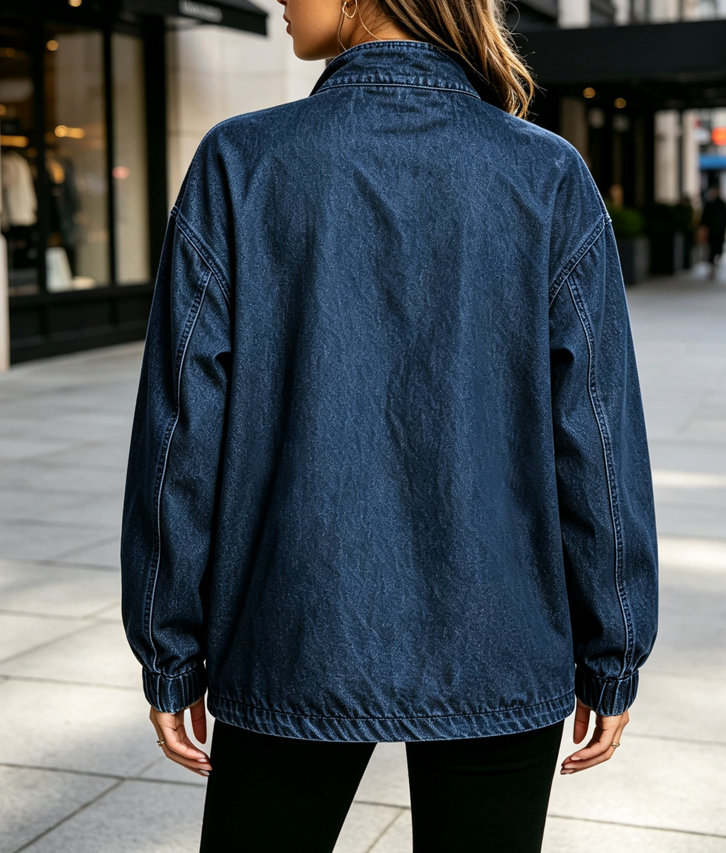Oversized Denim Quarter Zip Sweatshirt - DarkBlue - 1