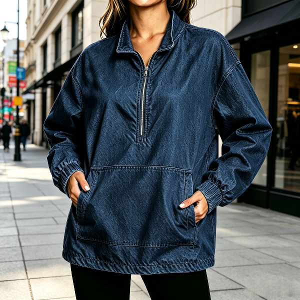 Oversized Denim Quarter Zip Sweatshirt - DarkBlue - 2
