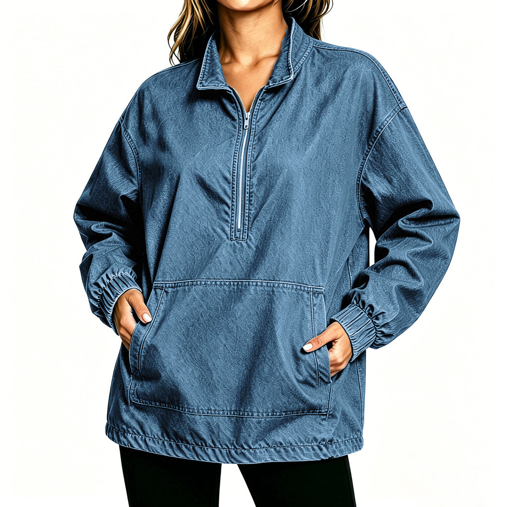 Oversized Denim Quarter Zip Sweatshirt - MBlue