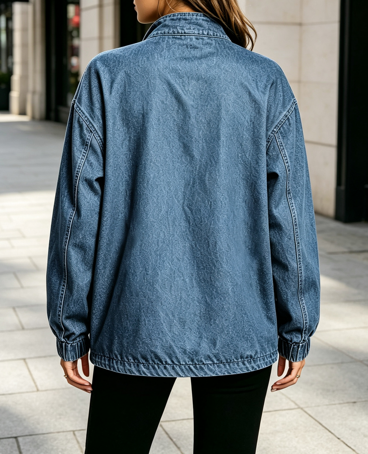 Oversized Denim Quarter Zip Sweatshirt - MBlue - 1