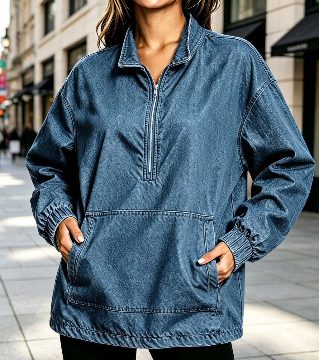 Oversized Denim Quarter Zip Sweatshirt - MBlue - 2