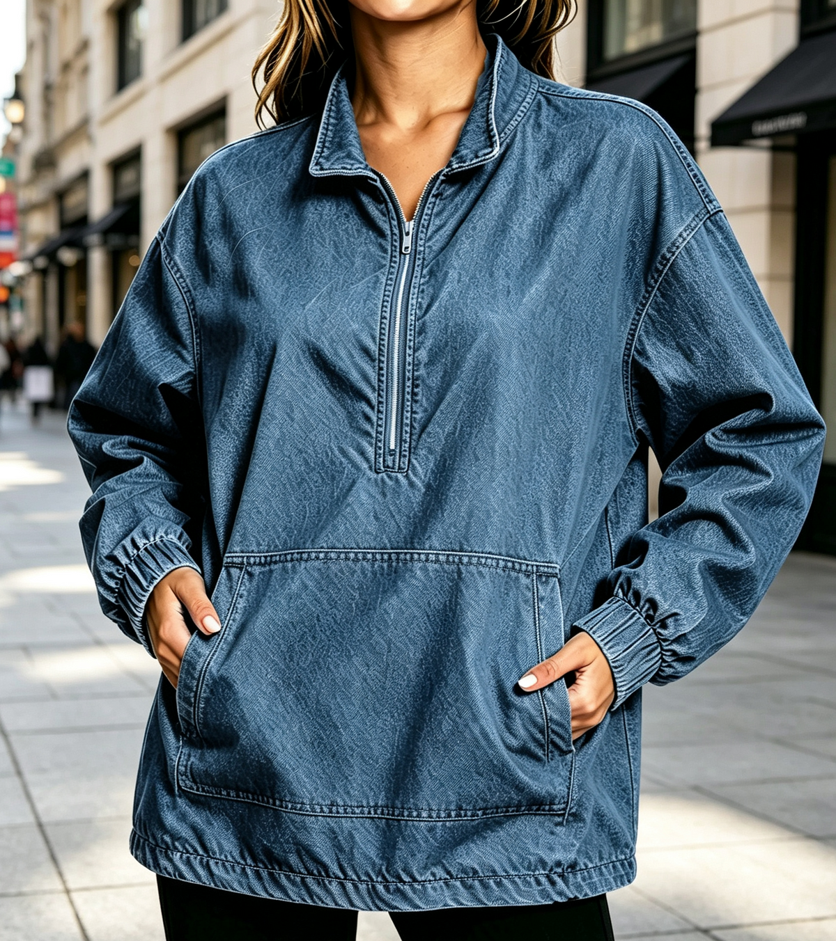 Oversized Denim Quarter Zip Sweatshirt - MBlue - 2