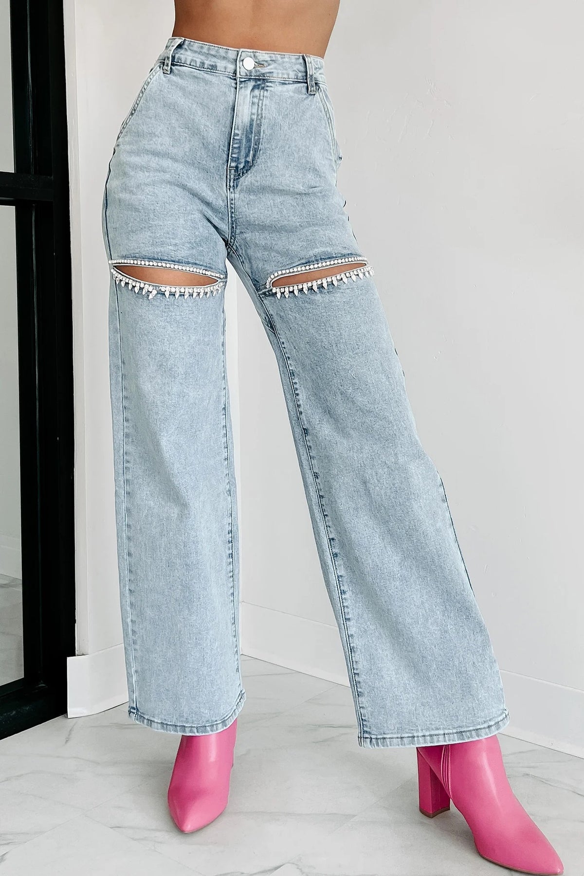 Rhinestone Trim Cutout Wide Leg Jeans - Light blue