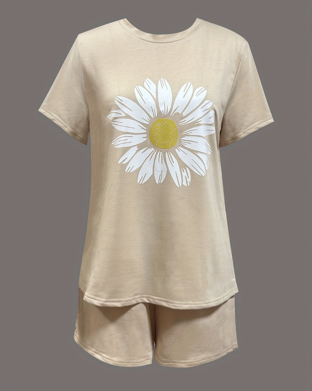 Daisy Print Tee And Shorts Set - Apricot