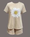 Daisy Print Tee And Shorts Set - Apricot