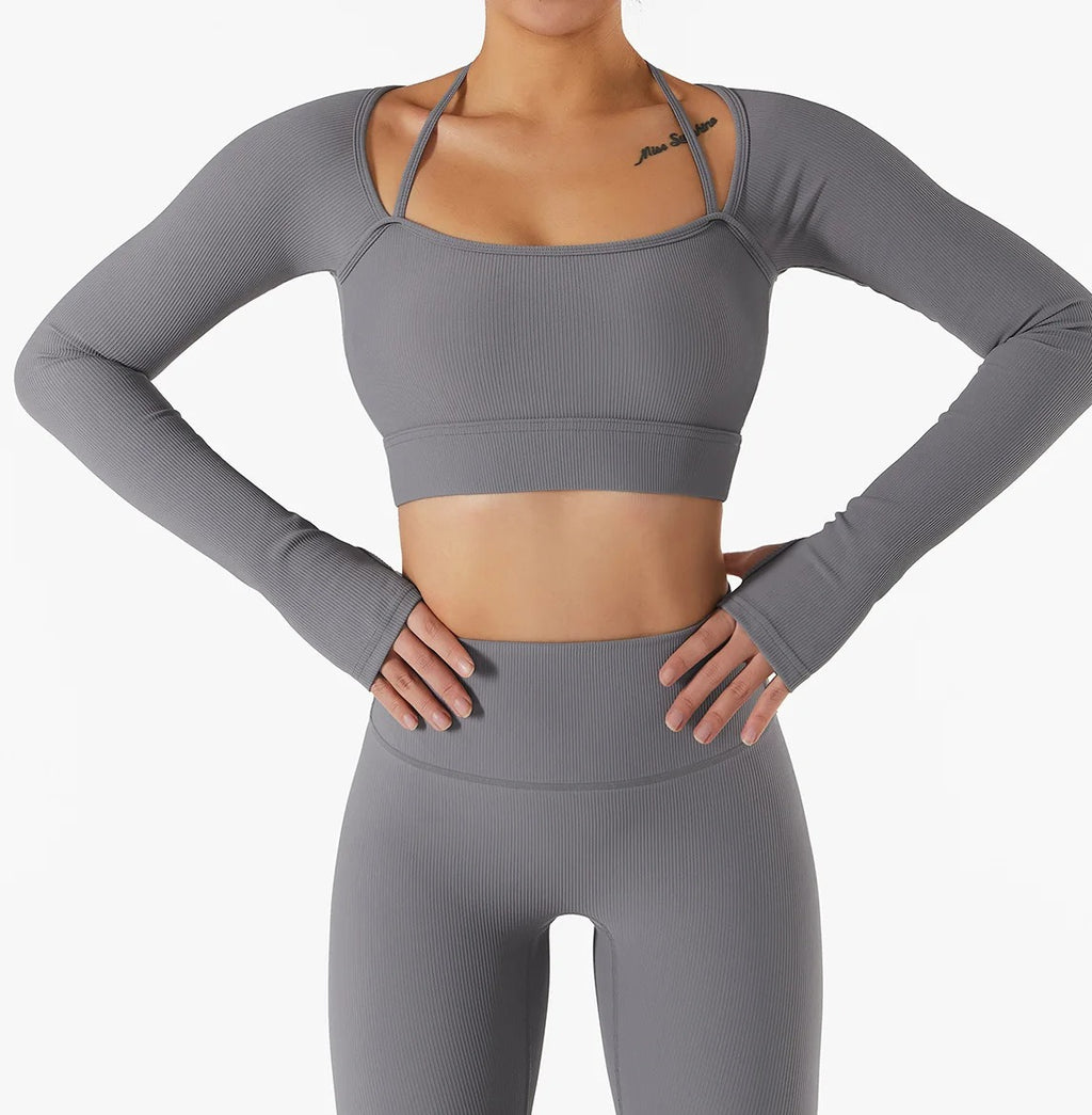 Ribbed Seamless Crop Workout Top Short or Long Sleeve - Gray Long Sleeve